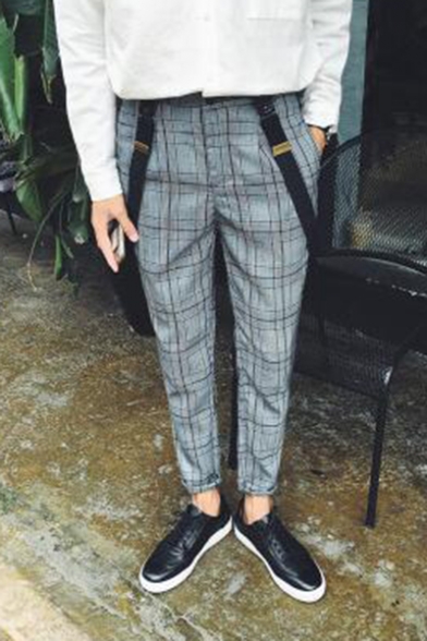 Guys Stylish Stripe Plaid Printed Tailored Tapered Trousers Suspender Pants