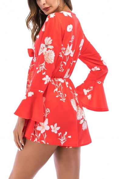 Hot Fashion Bell Long Sleeve Plunge Neck Floral Print Bow Detail Mini Dress For Women