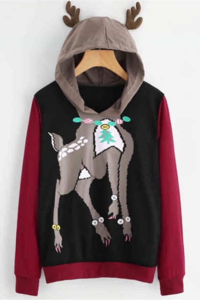 Lovely Christmas Deer Print Antlers Embellished Hood Colorblock Long Sleeve Black Hoodie
