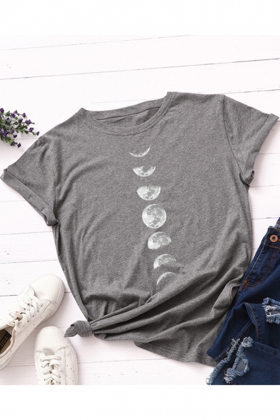 Lunar Eclipse Cute Moon Pattern Round Neck Short Sleeve Casual Tee