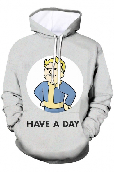 Men's Hot Fashion Lovely Comic Pattern Letter HAVE A DAY Long Sleeve Drawstring Grey Hoodie