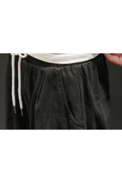 Men's Summer Basic Solid Color Drawstring Waist Cropped Cotton Loose Pants