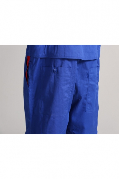 Mens Stylish Color Block Simple Plain Double Zipper Front Long Sleeve Blue Workwear Mechanic Coveralls