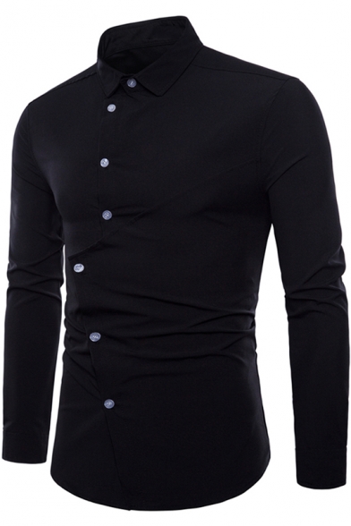 Mens Unique Stylish Irregular Patchwork Long Sleeve Simple Plain Slim Shirt