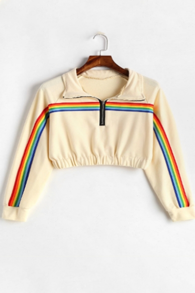 New Stylish Tape Striped Patched Zipper Front Stand Collar Long Sleeve Apricot Cropped Sweatshirt