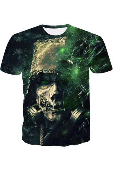 New Trendy Cool 3D Green Skull Pattern Round Neck Short Sleeve T-Shirt