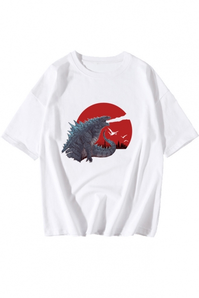 New Trendy King of the Monsters Basic Round Neck Short Sleeve White Relaxed T-Shirt