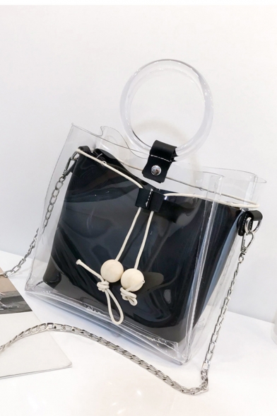 New Trendy Plain Bead Embellishment Top Handle Transparent Satchel Shoulder Bag 20*12*21.5 CM