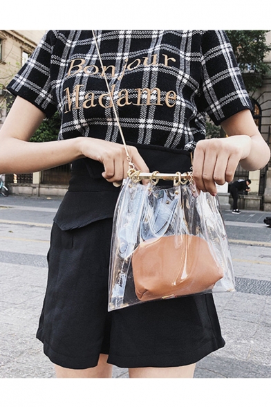 New Trendy Round Metal Handle Transparent Tote Handbag for Women 24*4*22 CM