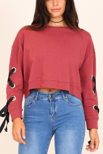 Pink Plain Round Neck Lace Up Bow Tie Long Sleeve Cropped Pullover Sweatshirt