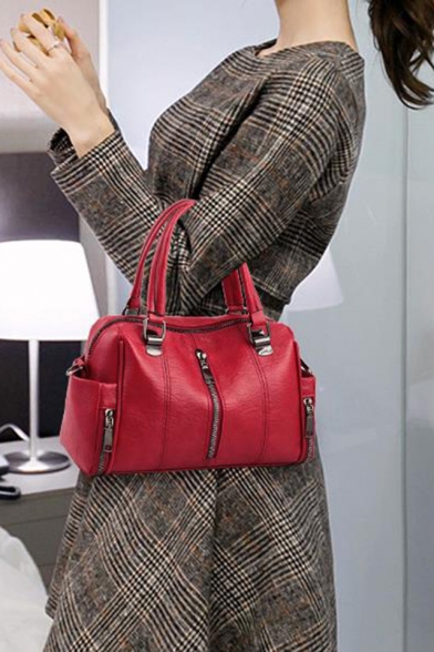 Popular Fashion Solid Color Zipper Embellishment Boston Bag Satchel Handbag 28*12*18 CM