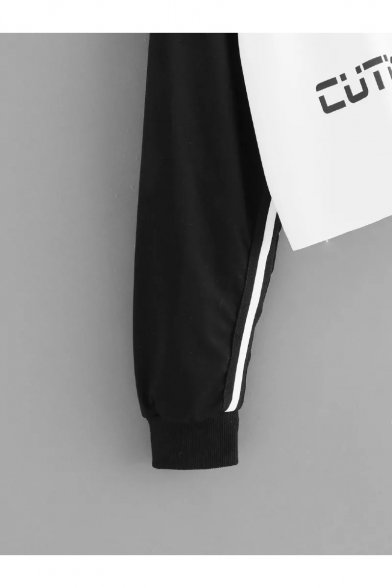 Popular Letter CUTE PSYCHO Black and White Colorblocked Half-Zip Stand Collar Cropped Sweatshirt