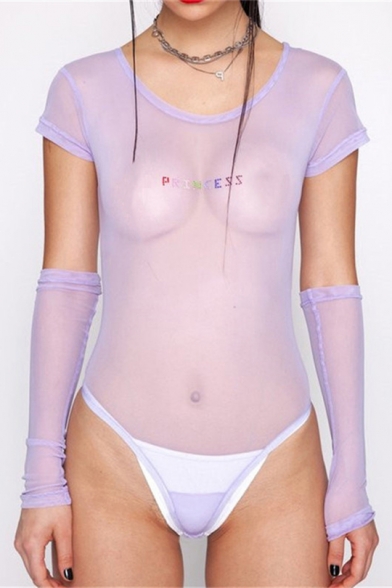 Sexy Hot Drill PRINCESS Letter Round Neck Short Sleeve Purple Sheer Mesh Rompers Bodysuit with Oversleeve