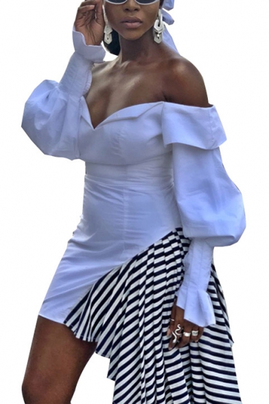 Sexy White Off Shoulder V Neck Lantern Sleeve Ruffle Stripe Printed Patched Asymmetric Dress