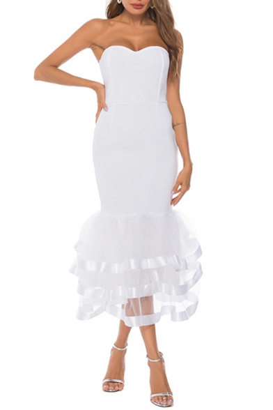 Sexy White Plain Off the Shoulder Sleeveless Zip Back Mesh Patched Midi Tutu Party Dress