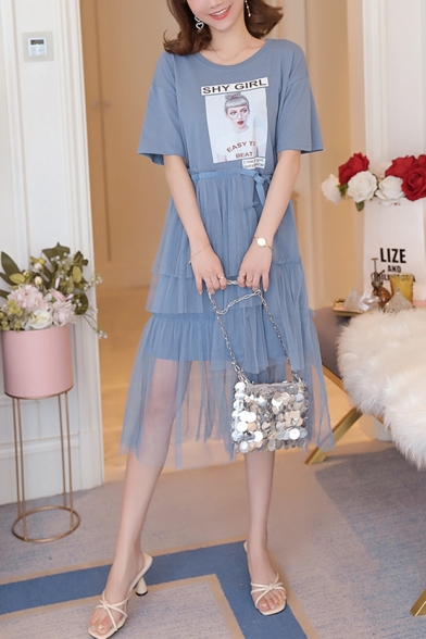 SHY GIRL Figure Printed Round Neck Short Sleeve Layered Ruffle Tulle Patched Midi A-Line T-Shirt Dress