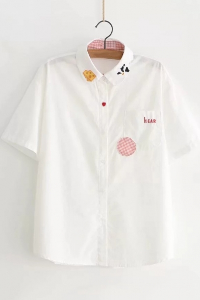 Simple Letter Embroidery Short Sleeve Turn-Down Collar Button Front Casual Loose Shirt