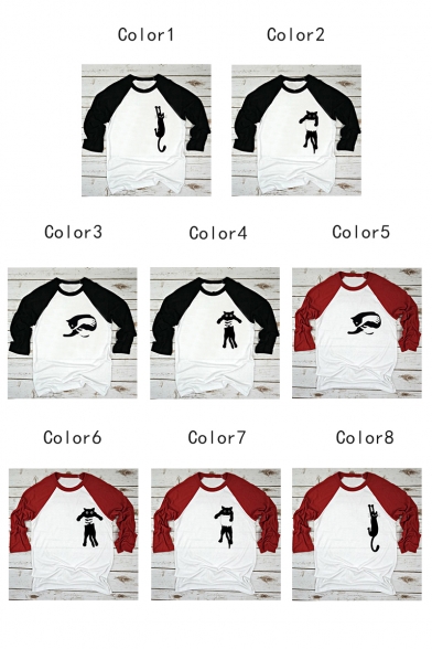Stylish Two-Tone Color Block Round Neck Long Sleeve Cute Cat Printed Casual Loose T-Shirt