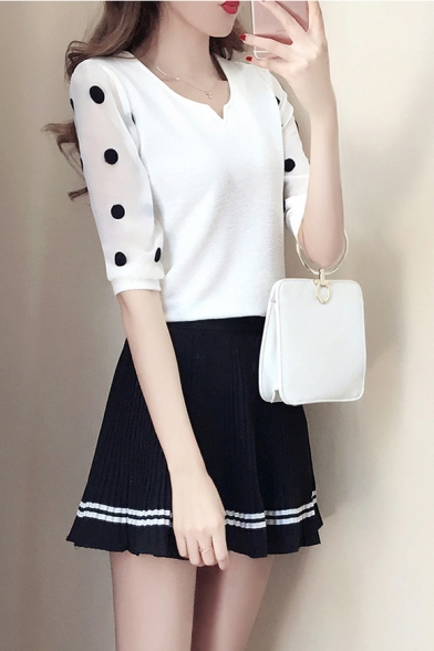 Summer Chic Polka Dot Printed V-Neck White Fitted Chiffon Top