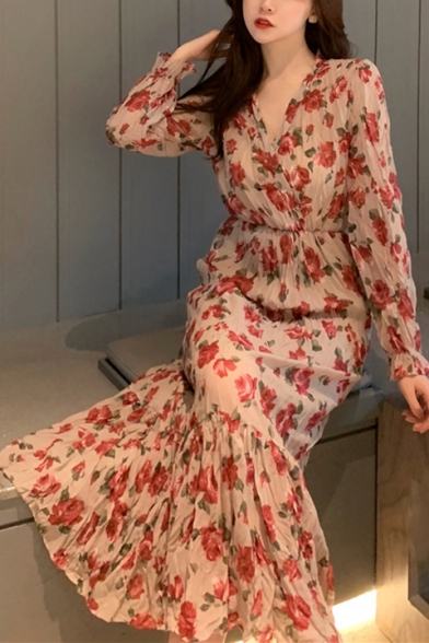 Summer Chic Red Floral Pattern V-Neck Long Sleeve Maxi Chiffon Pleated Ruffle Dress