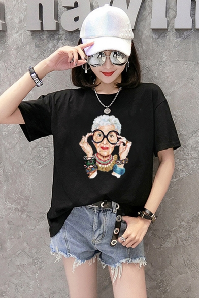 Summer Fashion Figure Pattern Round Neck Short Sleeve Loose Relaxed T-Shirt