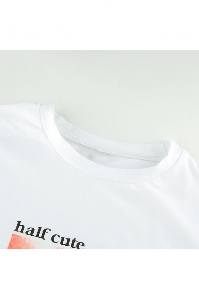 Summer Funny Cool Letter HALF CUTE HALF PSYCHO Pattern Short Sleeve Cropped White T-Shirt