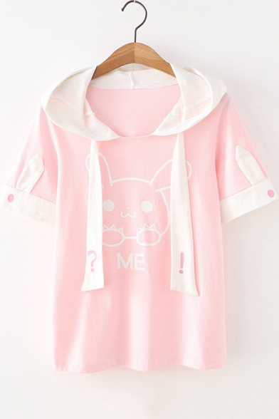 Summer Girls Lovely Pink Cartoon Rabbit Pattern Short Sleeve Hooded Casual T-Shirt