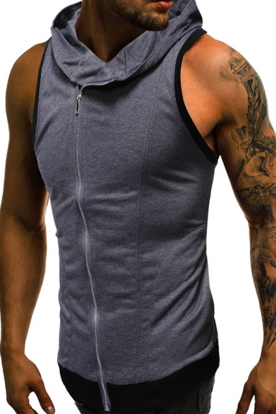 Summer Mens New Trendy Solid Color Sleeveless Hooded Zipper Front T-Shirt