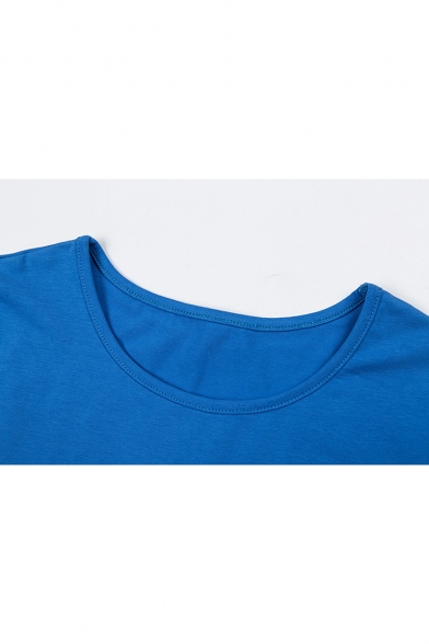 Summer New Stylish Round Neck Short Sleeve Cartoon Rainbow Cat Print Cropped Blue T-Shirt