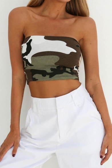 Summer New Trendy Camouflage Printed Sleeveless Green Cropped Bandeau Top