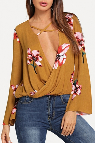 Summer Sexy Surplice Plunging V-Neck Long Sleeve Chic Floral Printed Yellow Blouse Top