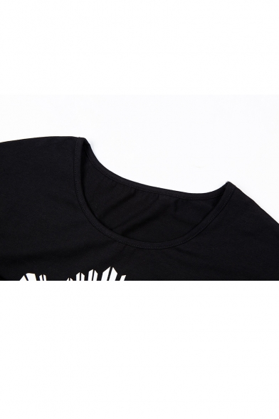 Summer Stylish Black Round Neck Short Sleeve Figure Print Tunic Loose Tee For Women