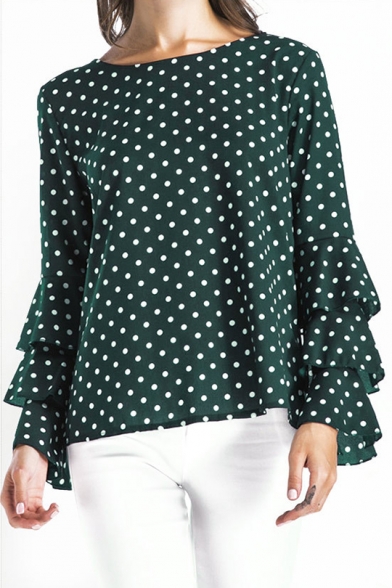 Summer Trendy Classic Polka Dot Printed Round Neck Layer Ruffled Flared Sleeve Loose Blouse Top