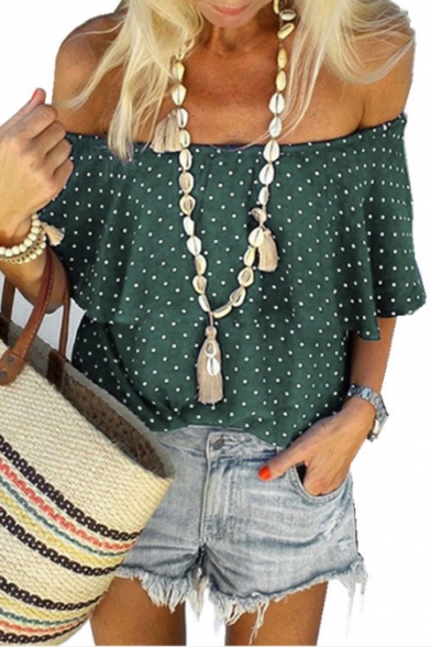 Summer Trendy Polka Dot Printed Off the Shoulder Casual Loose Blouse Top