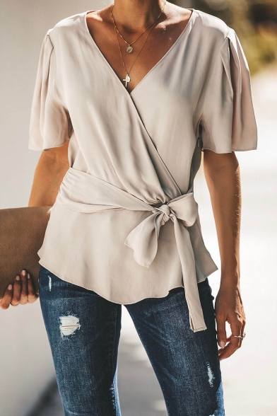 Summer Trendy Surplice V-Neck Tied Waist Short Sleeve Plain Blouse Top