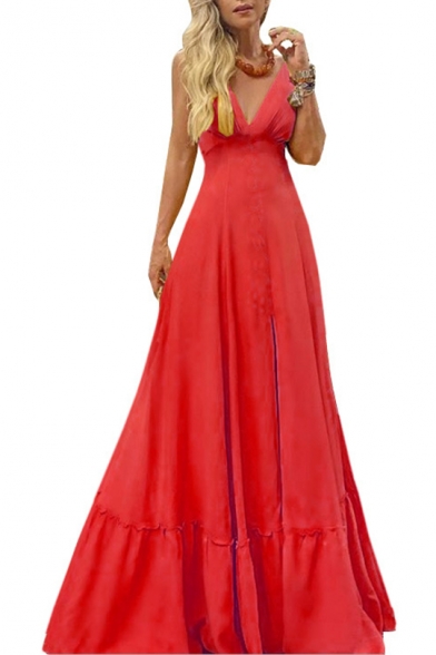 Summer Trendy V-Neck Sleeveless Plain Maxi Swing Cami Evening Dress For Women