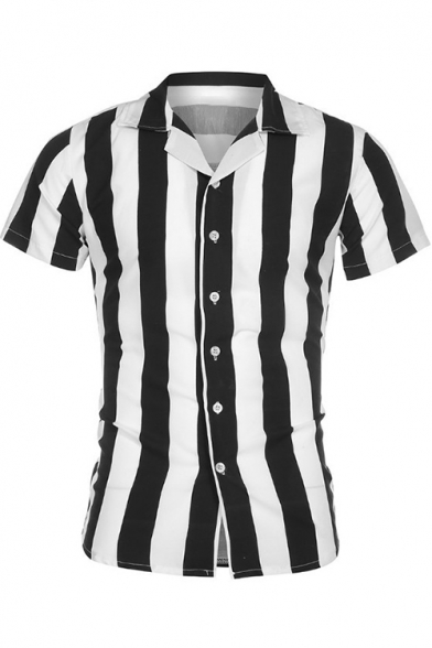 Summer Trendy Vertical Stripe Print Lapel Collar Short Sleeve Slim Fit Cotton Shirt for Men