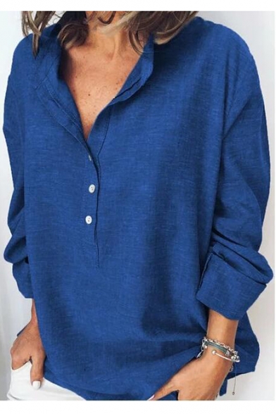 Summer Womens Trendy Solid Color Long Sleeve Button Front Casual Loose Shirt