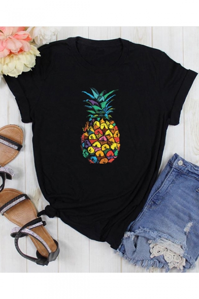 Trendy Chic Colorful Pineapple Painting Round Neck Short Sleeve Casual Tee