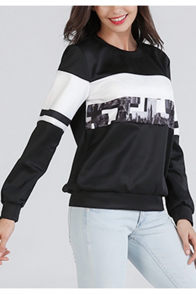 Trendy Colorblock Round Neck Striped Long Sleeve Casual Loose Sweatshirt for Women