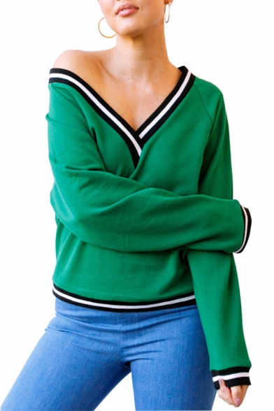 Trendy Contrast Stripe Hem V-Neck Long Sleeve Green Relaxed Pullover Sweatshirt