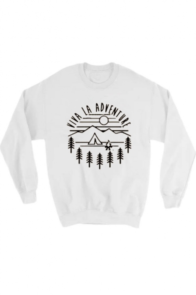 Trendy Letter Adventure Mountain Graphic Printed Round Neck Long Sleeve Pullover Sweatshirt