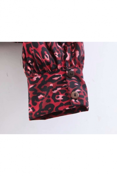 Trendy Red Snakeskin Printed Spread Collar Long Sleeve Cropped Shirt