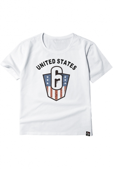 United States Flag Number 6 Pattern Short Sleeve Round Neck Loose Fit T-Shirt