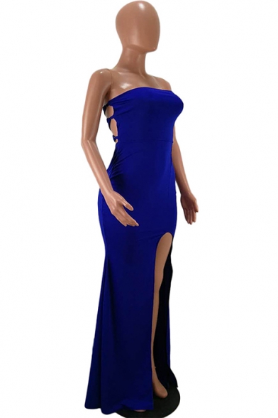 Women's Elegant Off The Shoulder Sleeveless Plain Split Detail Maxi Bodycon Navy Dress
