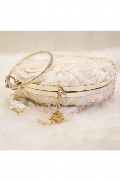 Women's Elegant Plain Ruffled Floral Embellishment Rhinestone Round Handle Evening Clutch Handbag
