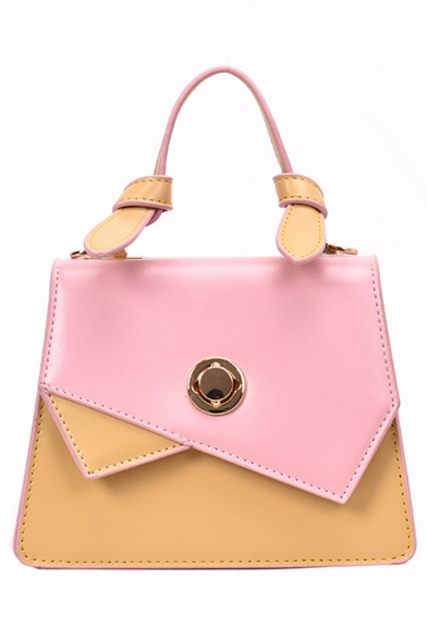 Women's Fashion Color Block Metal Button Embellishment Top Handle Casual Crossbody Satchel Bag 19*15*8 CM