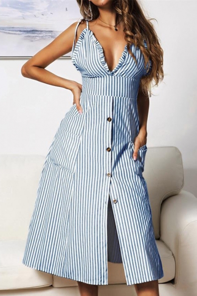 Women's Fashion Sexy Spaghetti Straps Bow Sleeveless Stripes Printed Button Detail Midi Slip Dress