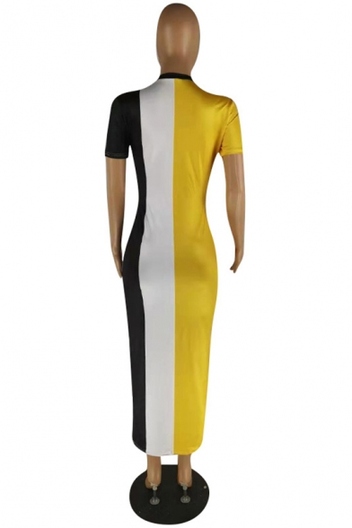 Women's Fashionable Round Neck Short Sleeve Stripes Printed Colorblock Midi Shift Dress