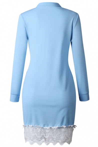Women's Long Sleeve Collared Plain Button-Front Lace Hem Plus Size Mini Shirt Light Blue Dress